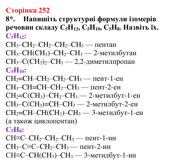 Відповідь до завдання 8 (с. 252) з хімії для 9 класу (Мідак, 2026): Класифікація органічних сполук. Класифікація хімічних...