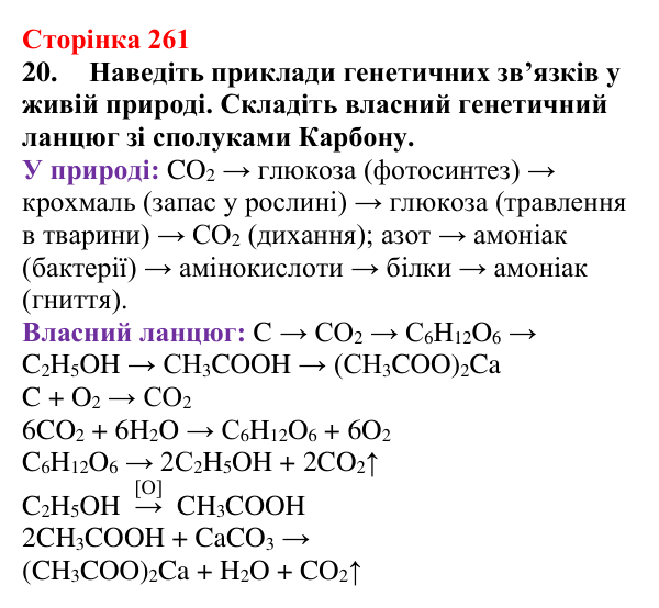 Сторінка 261, завдання 20 Відповідь до завдання 20 (с. 261) з хімії для 9 класу (Мідак, 2026): Генетичні зв’язки між органічними та неорганічними...