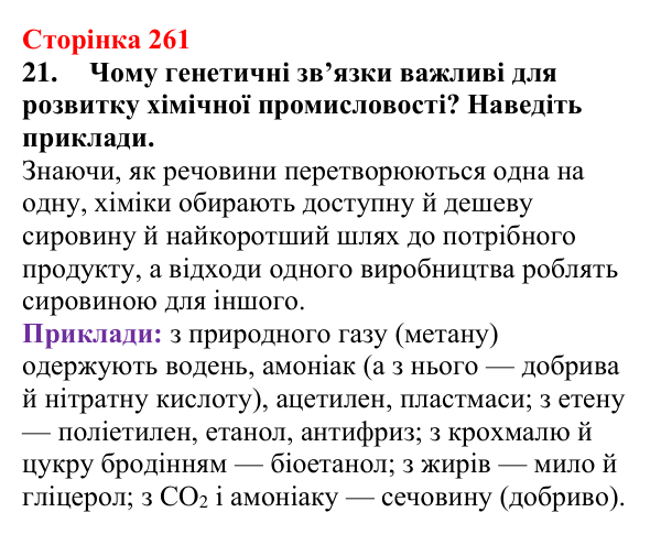 Відповідь до завдання 21 (с. 261) з хімії для 9 класу (Мідак, 2026): Генетичні зв’язки між органічними та неорганічними...