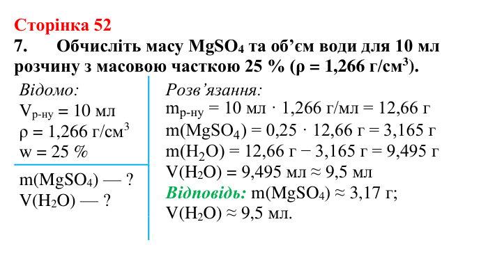 Відповідь до завдання 7 (с. 52) з хімії для 9 класу (Мідак, 2026): Масова частка розчиненої речовини в розчині