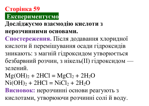 Відповідь до досліду (с. 59) з хімії для 9 класу (Попель, 2026): Реакції основ з кислотами