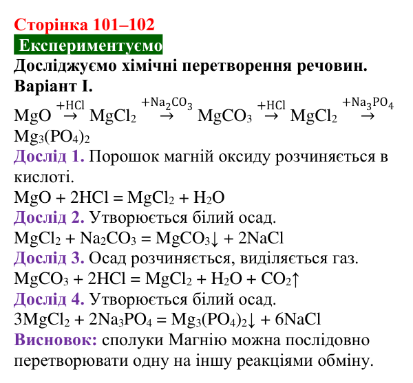 Відповідь до досліду (с. 101–102) з хімії для 9 класу (Попель, 2026): Хімічні перетворення неорганічних речовин