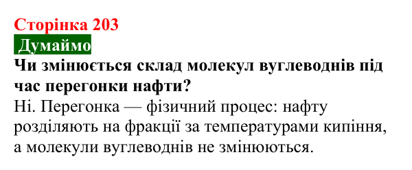 Відповідь до завдання «Думаймо» (с. 203) з хімії для 9 класу (Попель, 2026): Перероблення нафти