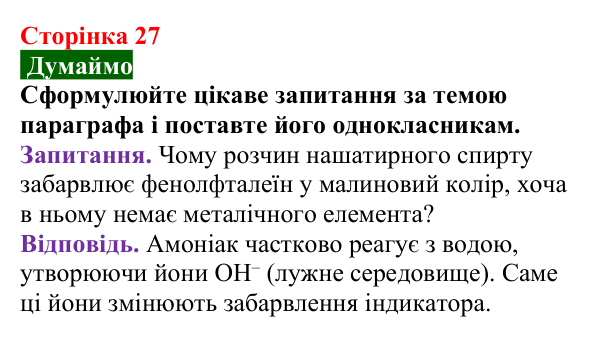 Відповідь до завдання «Думаймо» (с. 27) з хімії для 9 класу (Попель, 2026): Кислі та лужні розчини