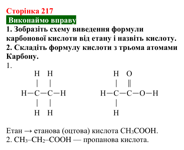 Сторінка 217, вправа Відповідь до вправи (с. 217) з хімії для 9 класу (Попель, 2026): Карбонові кислоти. Етанова і метанова кислоти