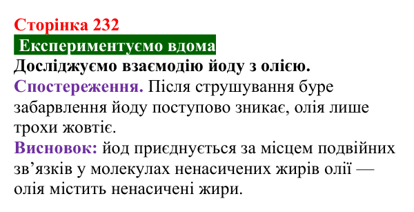 Відповідь до домашнього досліду (с. 232) з хімії для 9 класу (Попель, 2026): Жири