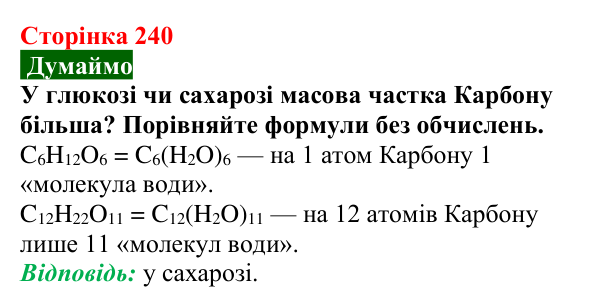 Відповідь до завдання «Думаймо» (с. 240) з хімії для 9 класу (Попель, 2026): Сахароза