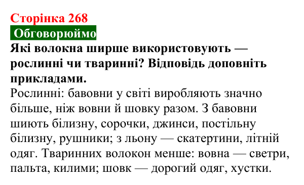 Сторінка 268, обговорюймо Відповідь до завдання «Обговорюймо» (с. 268) з хімії для 9 класу (Попель, 2026): Природні та синтетичні волокна