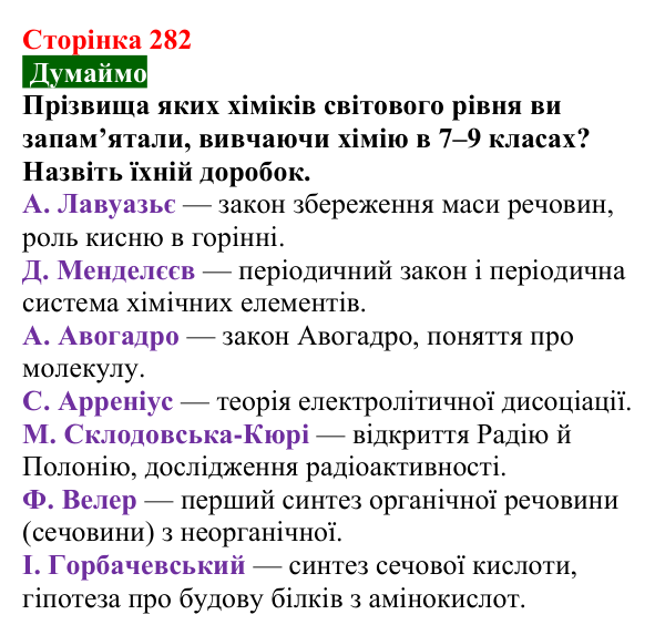Сторінка 282, думаймо Відповідь до завдання «Думаймо» (с. 282) з хімії для 9 класу (Попель, 2026): Хімічна наука у світі та в Україні