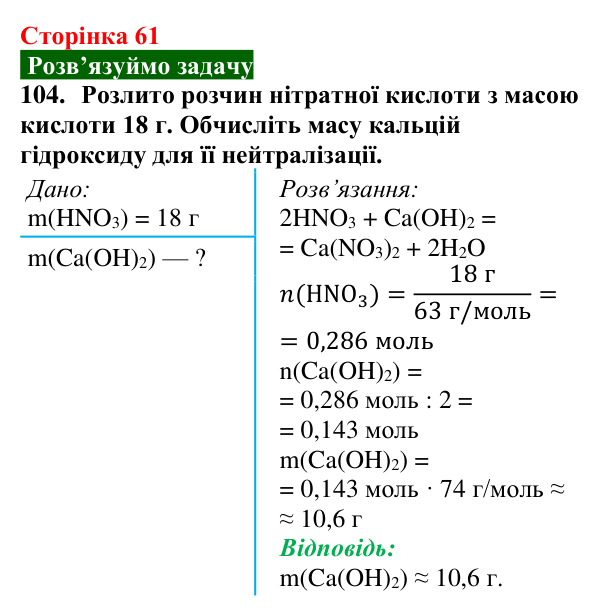 Сторінка 61, завдання 104 Відповідь до завдання 104 (с. 61) з хімії для 9 класу (Попель, 2026): Реакції основ з кислотами