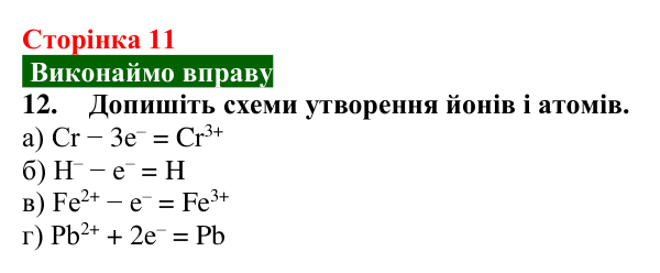 Сторінка 11, завдання 12 Відповідь до завдання 12 (с. 11) з хімії для 9 класу (Попель, 2026): Атоми. Молекули. Йони
