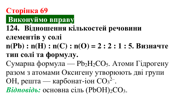 Відповідь до завдання 124 (с. 69) з хімії для 9 класу (Попель, 2026): Солі