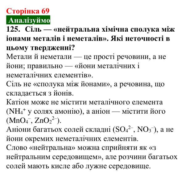 Відповідь до завдання 125 (с. 69) з хімії для 9 класу (Попель, 2026): Солі