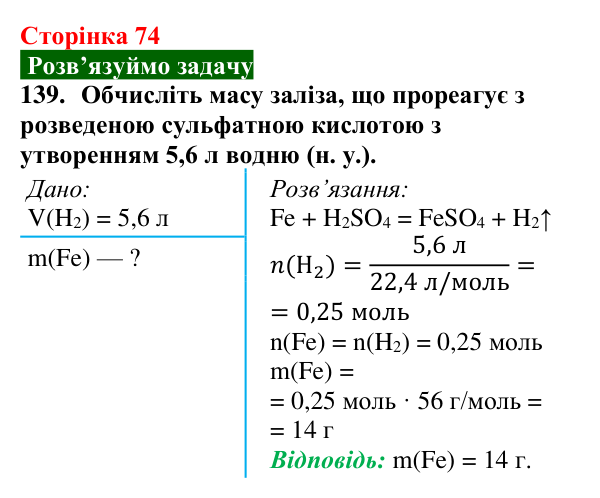 Сторінка 74, завдання 139 Відповідь до завдання 139 (с. 74) з хімії для 9 класу (Попель, 2026): Реакції кислот з металами