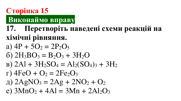 Сторінка 15, завдання 17 Відповідь до завдання 17 (с. 15) з хімії для 9 класу (Попель, 2026): Основні закони хімії. Хімічні реакції