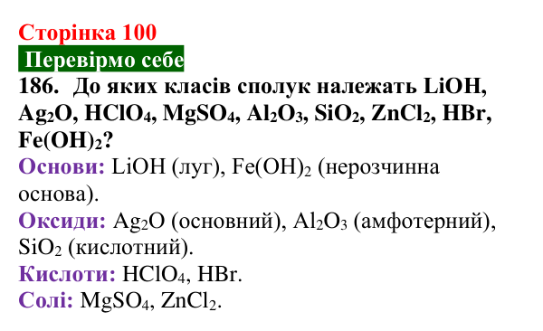 Відповідь до завдання 186 (с. 100) з хімії для 9 класу (Попель, 2026): Хімічні перетворення неорганічних речовин