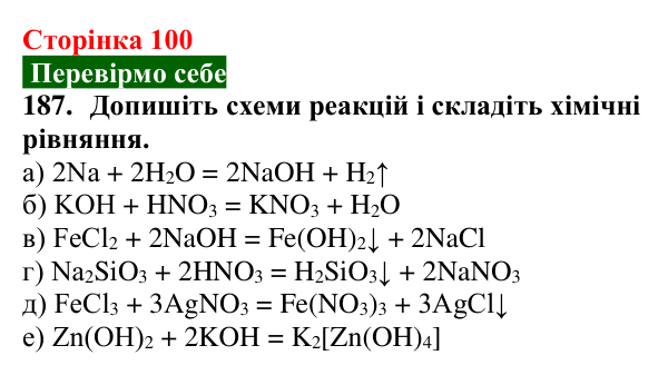 Відповідь до завдання 187 (с. 100) з хімії для 9 класу (Попель, 2026): Хімічні перетворення неорганічних речовин