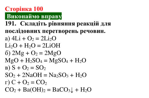 Відповідь до завдання 191 (с. 100) з хімії для 9 класу (Попель, 2026): Хімічні перетворення неорганічних речовин