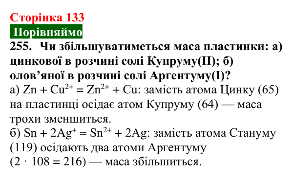 Відповідь до завдання 255 (с. 133) з хімії для 9 класу (Попель, 2026): Реакції солей з металами
