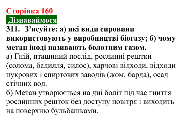 Сторінка 160, завдання 311 Відповідь до завдання 311 (с. 160) з хімії для 9 класу (Попель, 2026): Вуглеводні. Метан