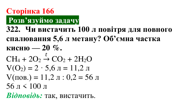 Сторінка 166, завдання 322 Відповідь до завдання 322 (с. 166) з хімії для 9 класу (Попель, 2026): Властивості та застосування метану