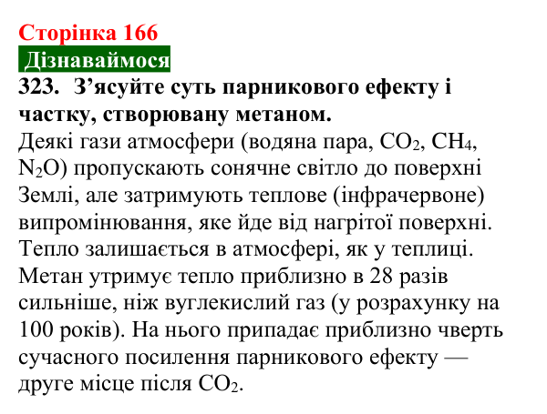 Сторінка 166, завдання 323 Відповідь до завдання 323 (с. 166) з хімії для 9 класу (Попель, 2026): Властивості та застосування метану