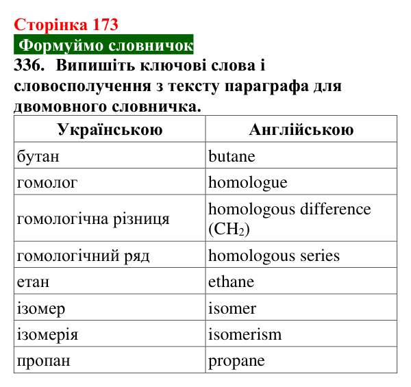 Сторінка 173, завдання 336 Відповідь до завдання 336 (с. 173) з хімії для 9 класу (Попель, 2026): Гомологи метану