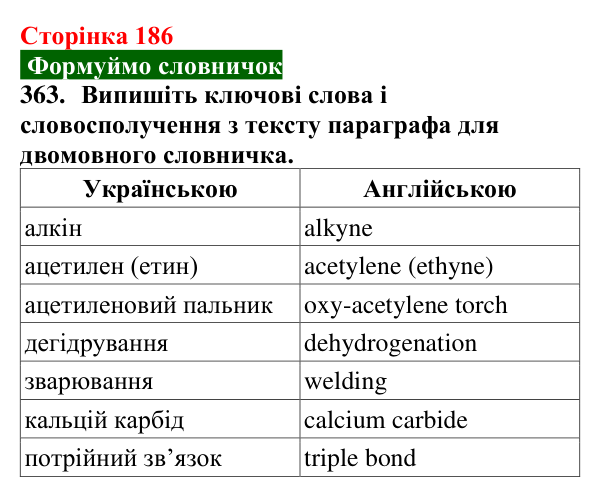 Сторінка 186, завдання 363 Відповідь до завдання 363 (с. 186) з хімії для 9 класу (Попель, 2026): Етин