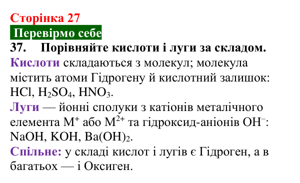 Відповідь до завдання 37 (с. 27) з хімії для 9 класу (Попель, 2026): Кислі та лужні розчини