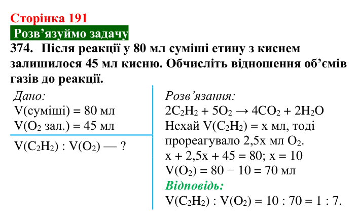 Відповідь до завдання 374 (с. 191) з хімії для 9 класу (Попель, 2026): Розв’язування розрахункових задач