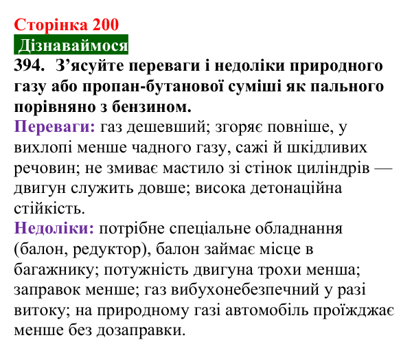 Сторінка 200, завдання 394 Відповідь до завдання 394 (с. 200) з хімії для 9 класу (Попель, 2026): Природні джерела вуглеводнів
