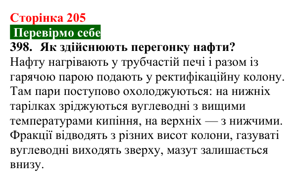 Сторінка 205, завдання 398 Відповідь до завдання 398 (с. 205) з хімії для 9 класу (Попель, 2026): Перероблення нафти