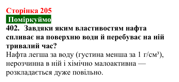 Сторінка 205, завдання 402 Відповідь до завдання 402 (с. 205) з хімії для 9 класу (Попель, 2026): Перероблення нафти