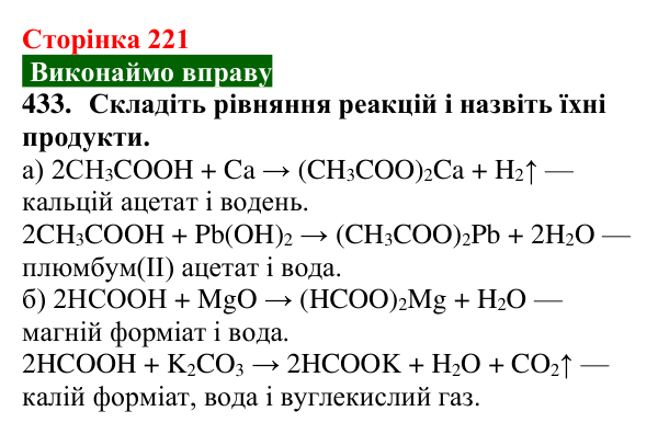 Відповідь до завдання 433 (с. 221) з хімії для 9 класу (Попель, 2026): Карбонові кислоти. Етанова і метанова кислоти
