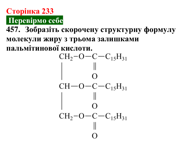 Сторінка 233, завдання 457 Відповідь до завдання 457 (с. 233) з хімії для 9 класу (Попель, 2026): Жири