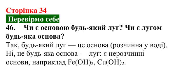 Відповідь до завдання 46 (с. 34) з хімії для 9 класу (Попель, 2026): Луги. Основи