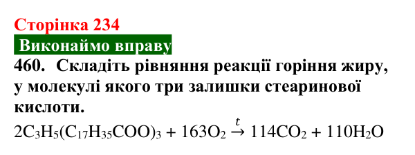 Сторінка 234, завдання 460 Відповідь до завдання 460 (с. 234) з хімії для 9 класу (Попель, 2026): Жири