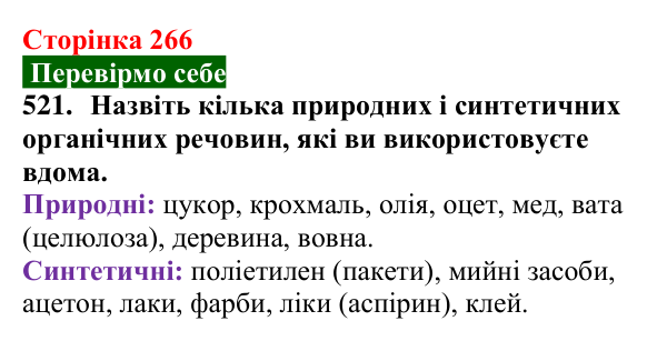 Відповідь до завдання 521 (с. 266) з хімії для 9 класу (Попель, 2026): Природні та синтетичні органічні сполуки