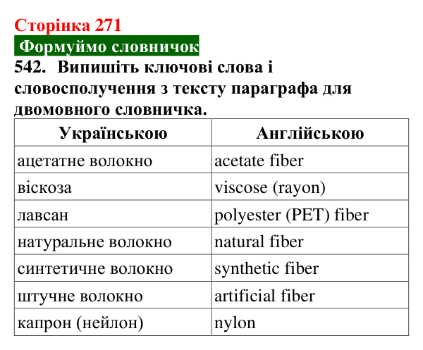 Сторінка 271, завдання 542 Відповідь до завдання 542 (с. 271) з хімії для 9 класу (Попель, 2026): Природні та синтетичні волокна