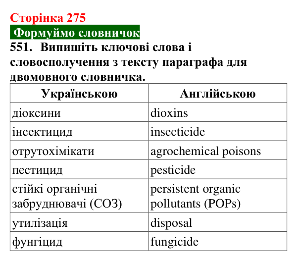 Відповідь до завдання 551 (с. 275) з хімії для 9 класу (Попель, 2026): Стійкі органічні забруднювачі