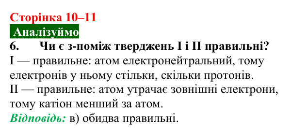 Відповідь до завдання 6 (с. 10–11) з хімії для 9 класу (Попель, 2026): Атоми. Молекули. Йони