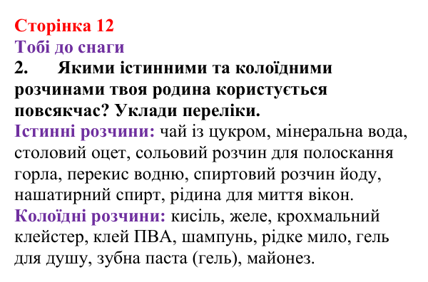 Відповідь до завдання 2 (с. 12) з хімії для 9 класу (Ярошенко, 2026): Істинні розчини, їхній склад і властивості