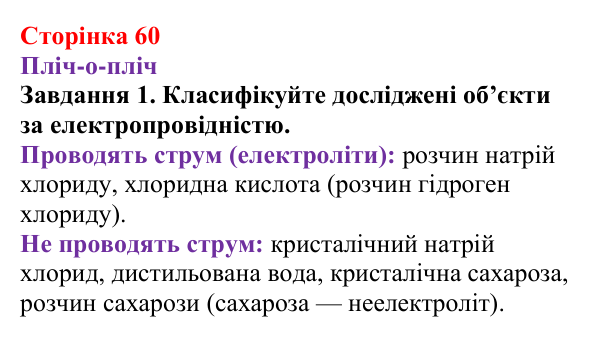 Відповідь до завдання 1 (с. 60) з хімії для 9 класу (Ярошенко, 2026): Електроліти та неелектроліти. Електролітична дисоціація