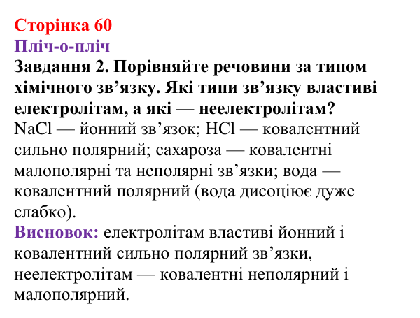 Відповідь до завдання 2 (с. 60) з хімії для 9 класу (Ярошенко, 2026): Електроліти та неелектроліти. Електролітична дисоціація