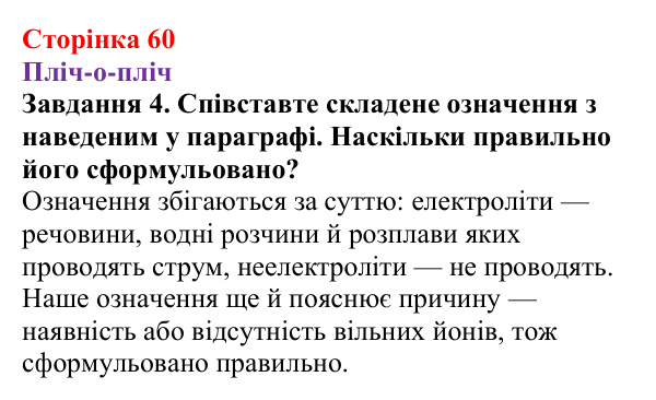 Відповідь до завдання 4 (с. 60) з хімії для 9 класу (Ярошенко, 2026): Електроліти та неелектроліти. Електролітична дисоціація