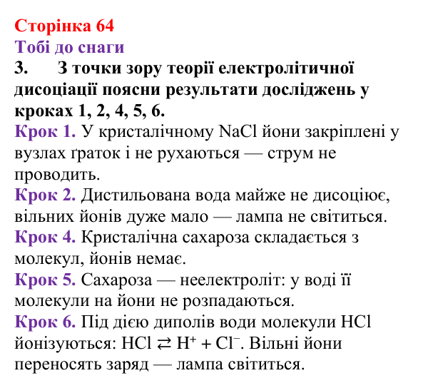 Відповідь до завдання 3 (с. 64) з хімії для 9 класу (Ярошенко, 2026): Електроліти та неелектроліти. Електролітична дисоціація
