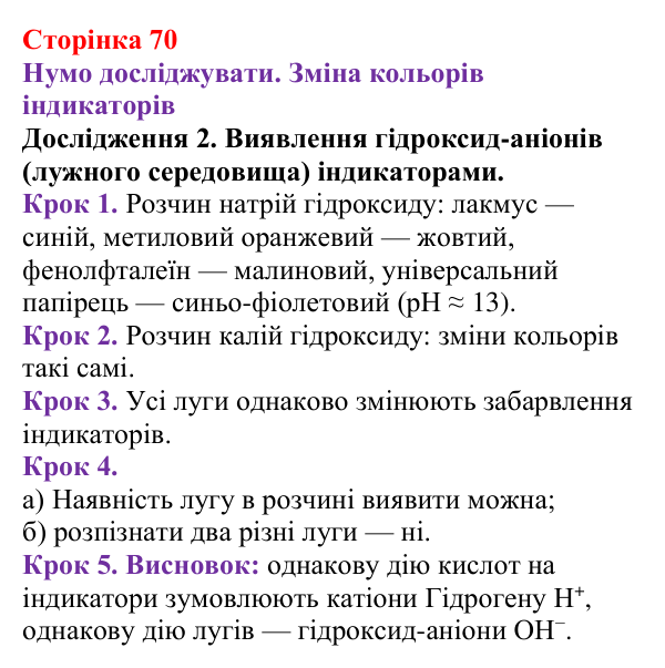 Відповідь до дослідження 2 (с. 70) з хімії для 9 класу (Ярошенко, 2026): Поняття про кислоти, основи, солі з позиції...