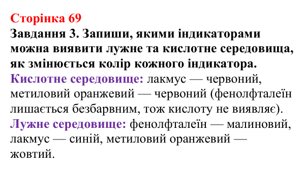 Відповідь до завдання 3 (с. 69) з хімії для 9 класу (Ярошенко, 2026): Поняття про кислоти, основи, солі з позиції теорії...