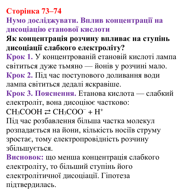 Відповідь до рубрики «Нумо досліджувати. Вплив концентрації на дисоціацію етанової кислоти» (с. 73–74) з хімії для 9 класу (Ярошенко, 2026)