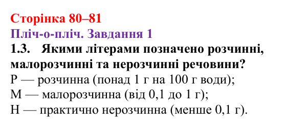 Відповідь до завдання 1.3 (с. 80–81) з хімії для 9 класу (Ярошенко, 2026): Ознайомлюємося з таблицею розчинності і вчимося...